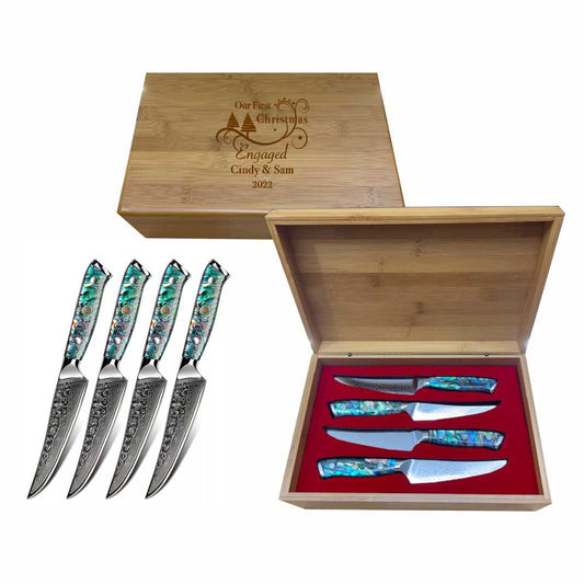 Personalized Damascus Steel Steak Knife Gift Set with Abalone Handle - Personalized Engraved Gifts