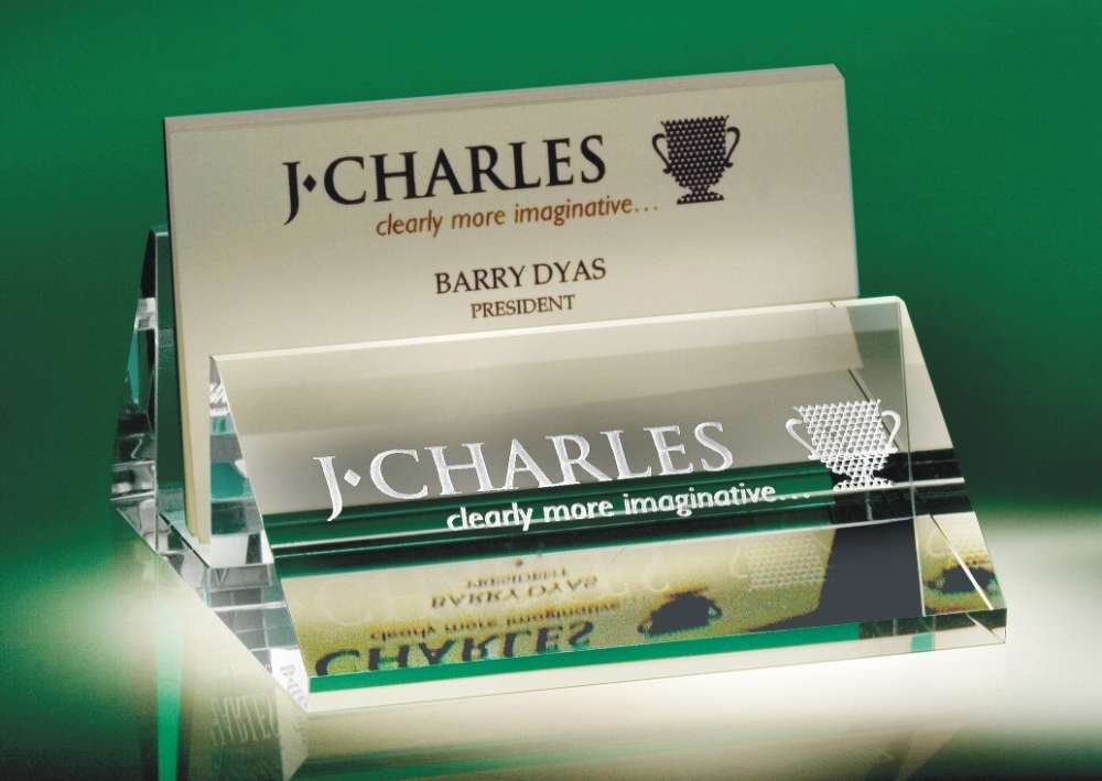 Slanted Business Card Holder with Name Plate ~ Stowe - Personalized Engraved Gifts