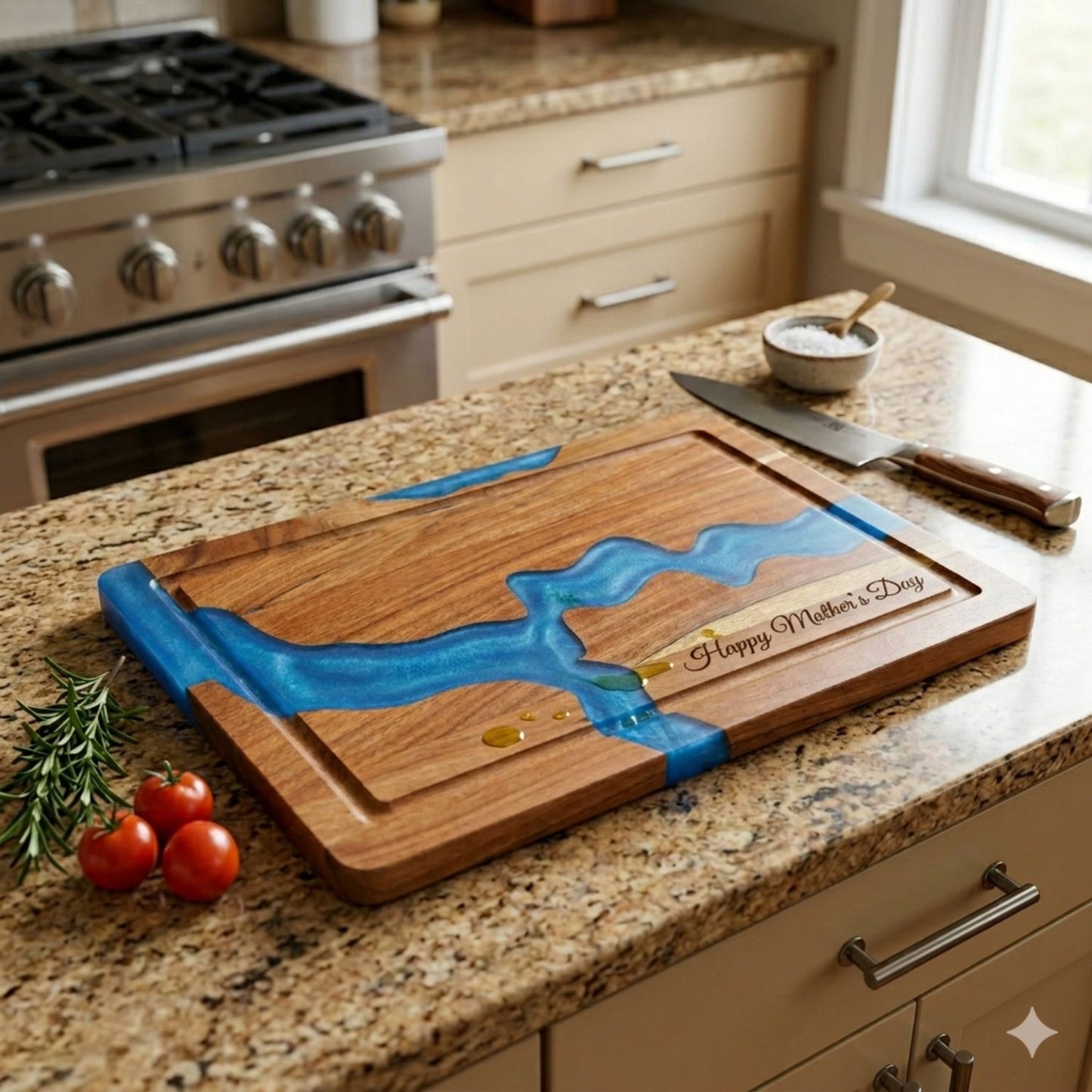 Wooden cutting board with blue resin design on a kitchen counter