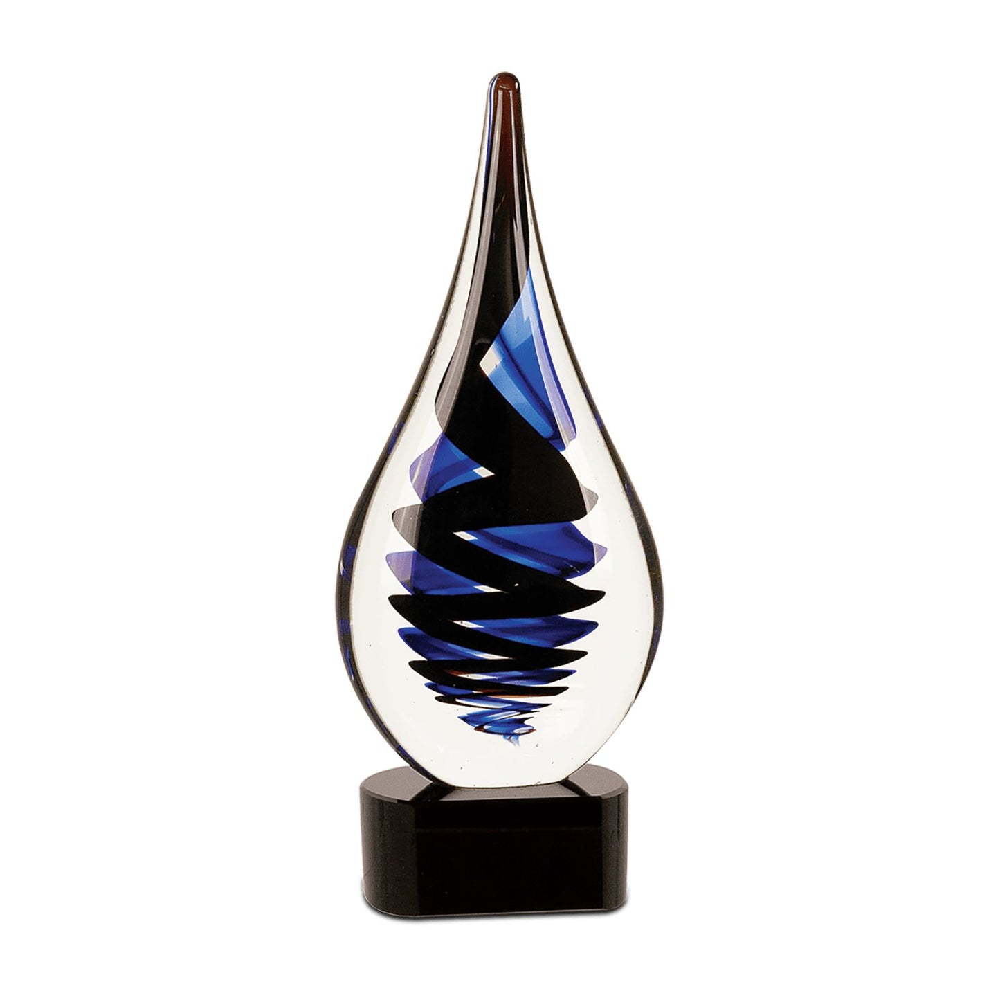 Art Glass Teardrop Award with Black and Blue Swirls