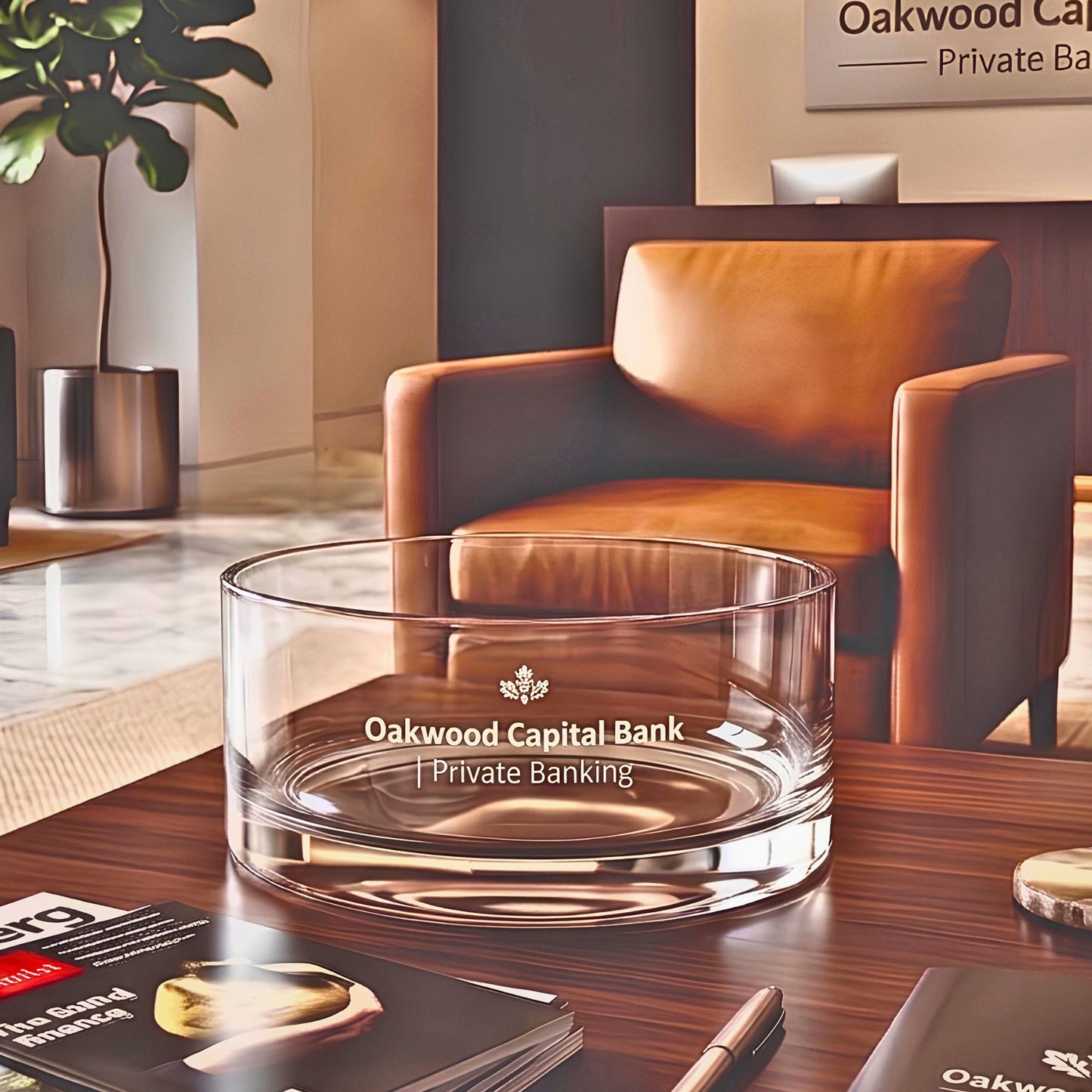 A clear glass bowl with the text 'Oakwood Capital Bank | Private Banking' printed on it, placed on a dark wooden table in a modern office lobby with a brown leather armchair and potted plant in the background.
