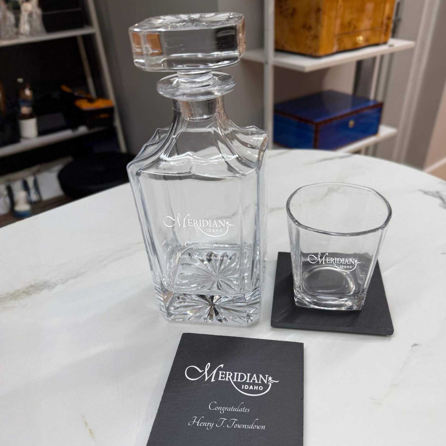 engraved decanter, dof glass , and engraved coaster
