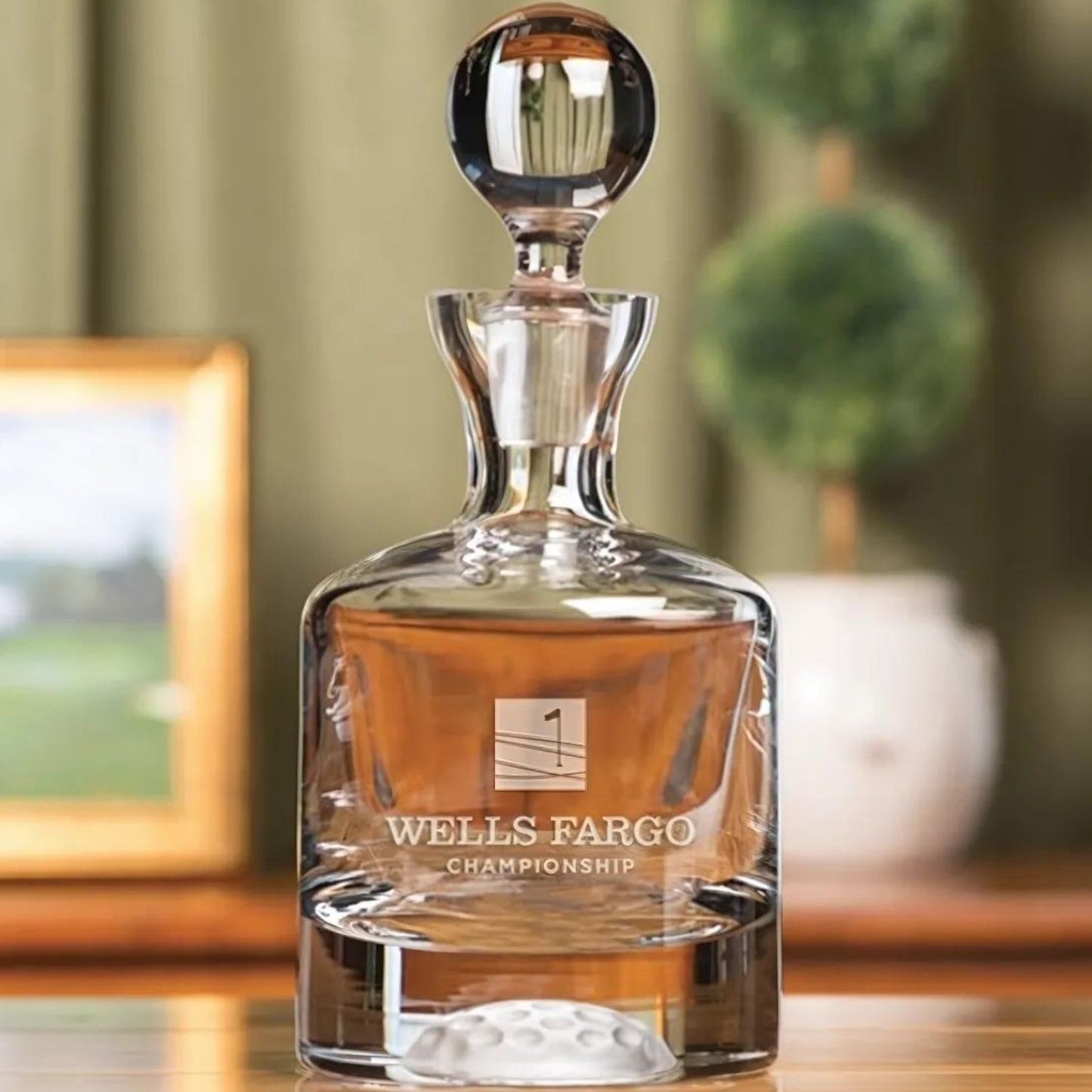 engraved crystal whiskey decanter with golf ball bottom
