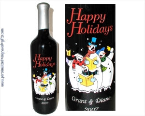 Engraved Holiday Wine Bottles with Deep Etched Singing Snowmen - Personalized Engraved Gifts