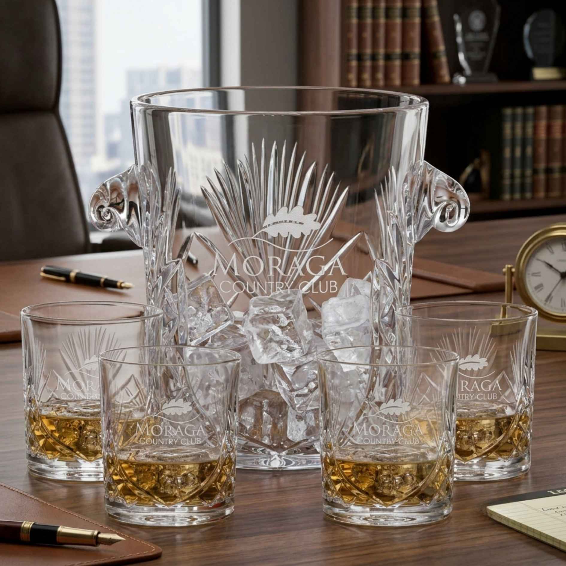engraved cut crystal Ice bucket with 4 on the rocks glasses