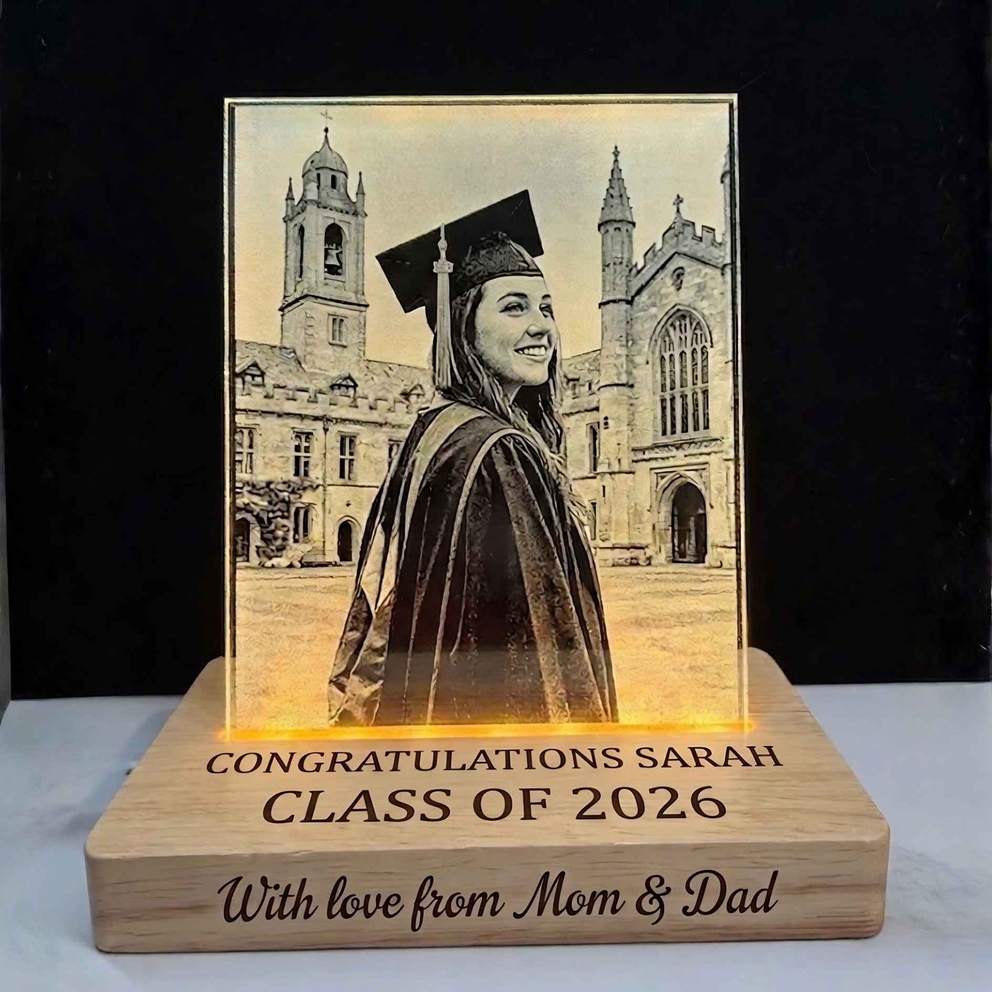 Personalized LED Lighted Photo Engraved Glass Plate with Wooden Base