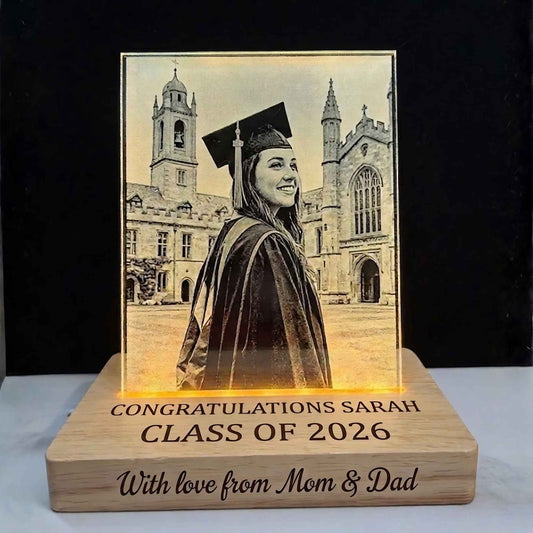 Personalized LED Lighted Photo Engraved Glass Plate with Wooden Base