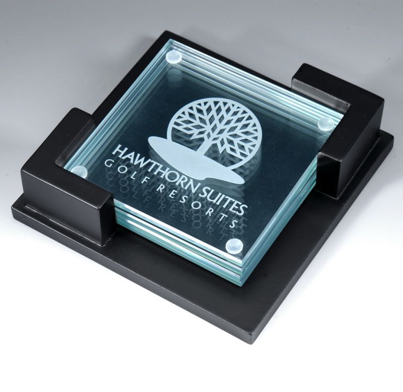 Glass Coaster Set with Black Holder Packard - Personalized Engraved Gifts