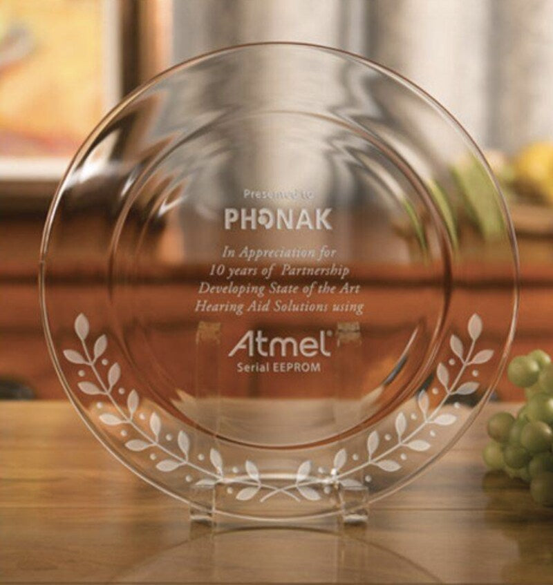 Personalized Glass Plate with Laurel Design on Rim - Personalized Engraved Gifts