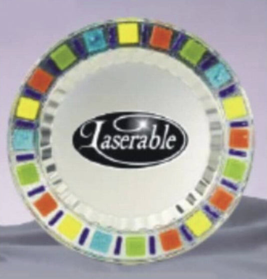 Engraved European Round Silver Tray with Multi Colored Mosaic Glass Border - Personalized Engraved Gifts