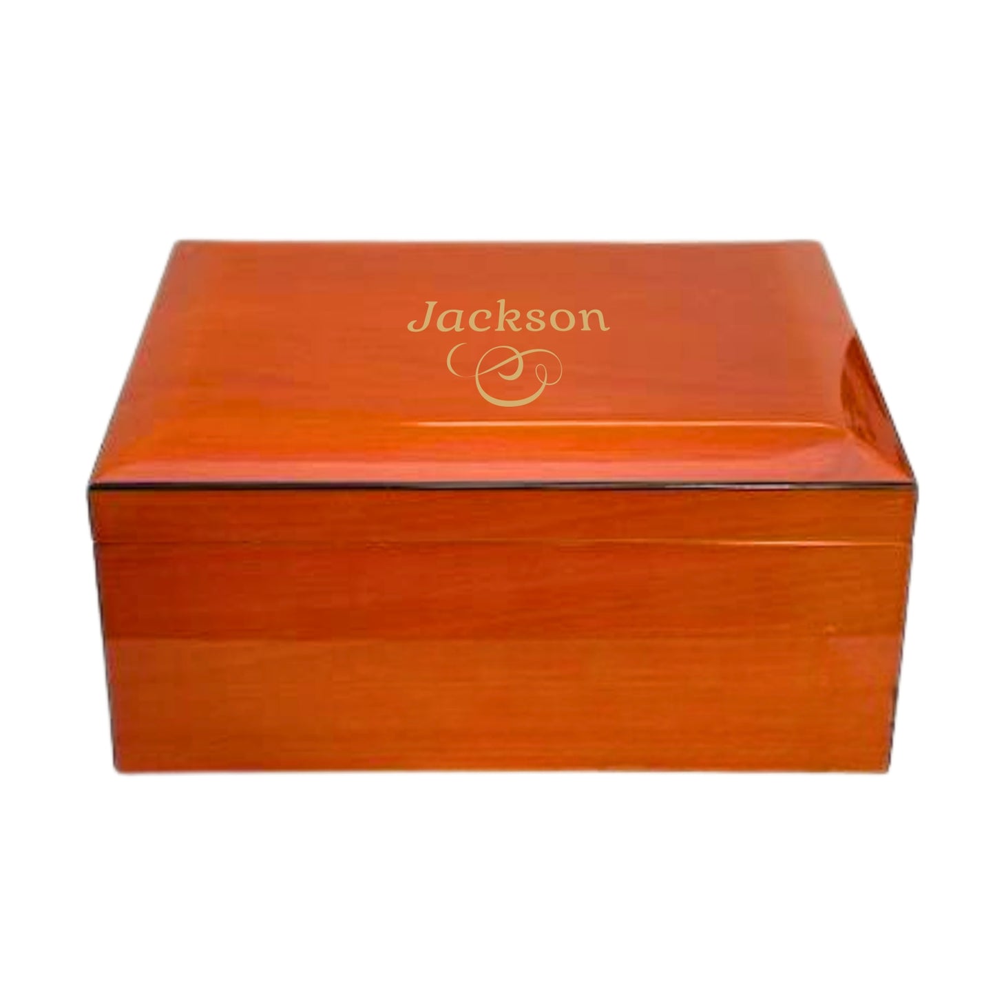 burnt orange humidor Jackson' engraving on a white background