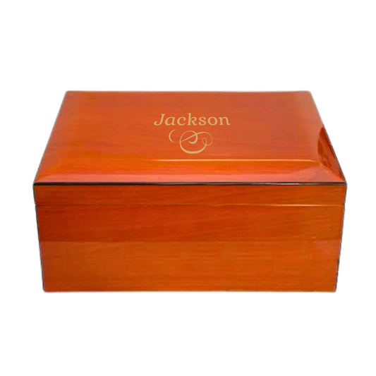 burnt orange humidor Jackson' engraving on a white background