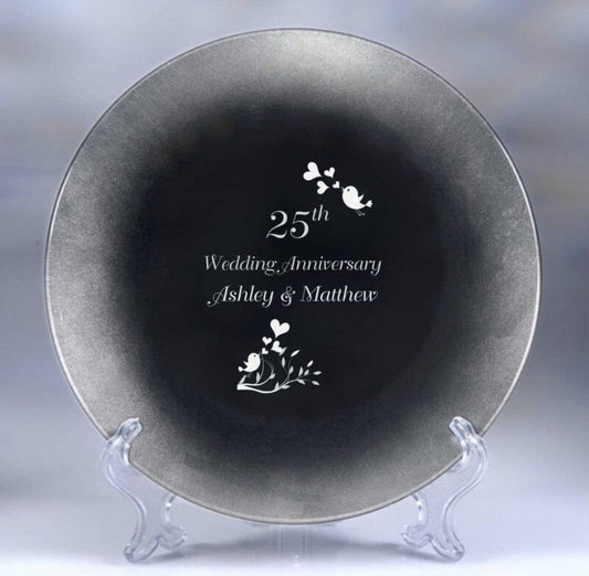 Engraved Silver Leaf Glass Round Plate - Personalized Engraved Gifts