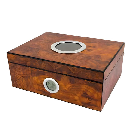 Golden Burlwood Finished Humidor with Circular Glass top ~ Remko - Personalized Engraved Gifts