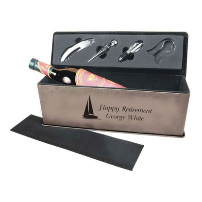 Laser Engraved Wine Gift Box with Tools ~ Gray Leatherette - Personalized Engraved Gifts