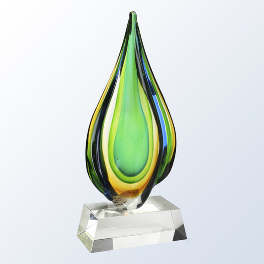 green and yellow art glass flame award
