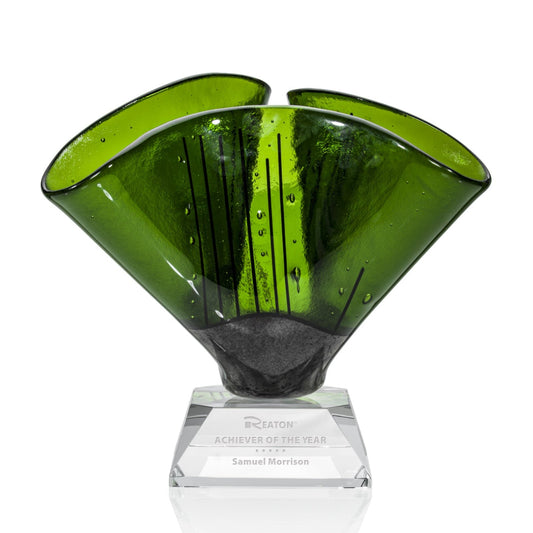 free form art glass bowl on engraved clear pedestal