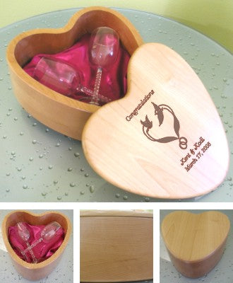 Laser Engraved Wooden Heart Shaped Gift Box with Wine Glasses - Personalized Engraved Gifts