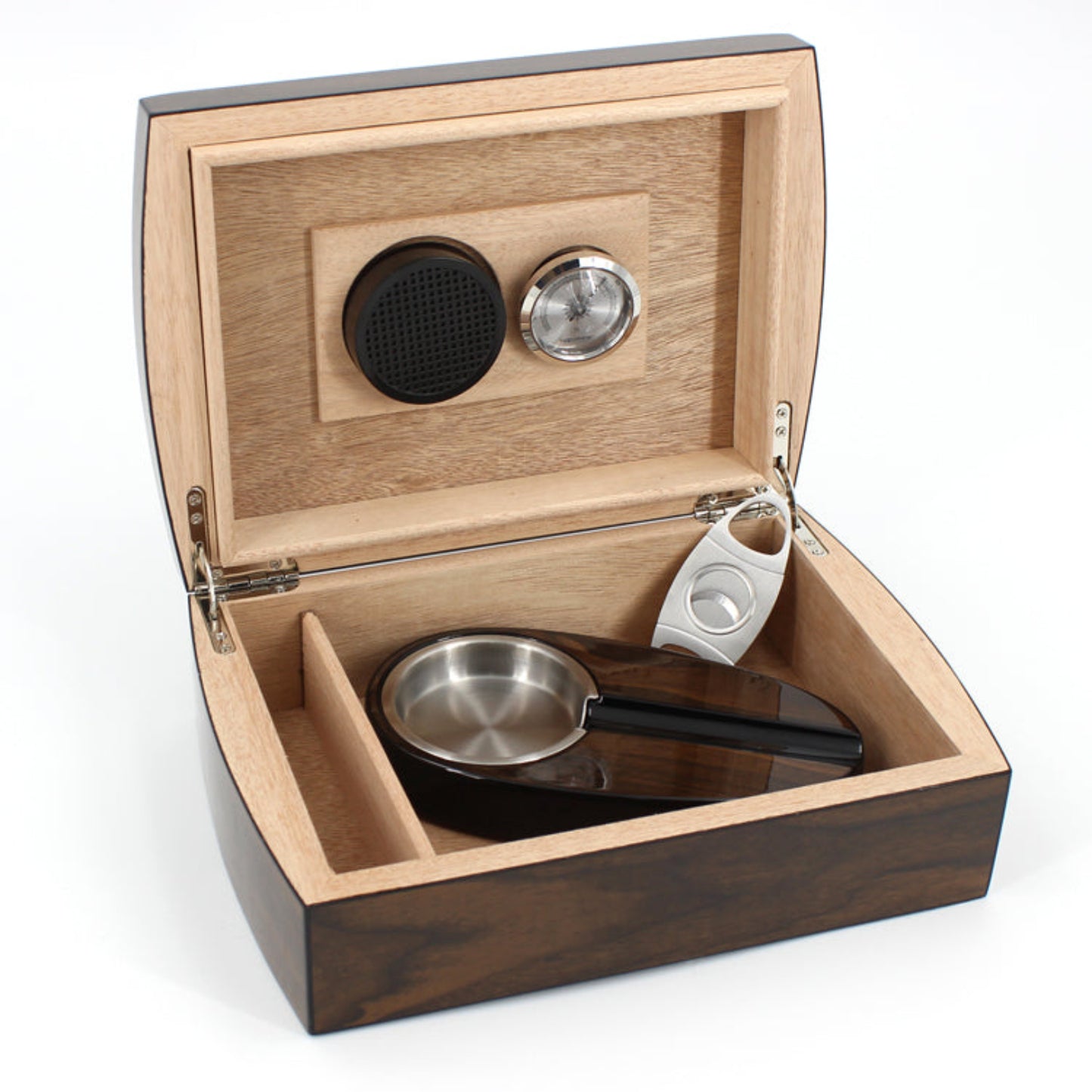open view of humidor, ashtray, cutter
