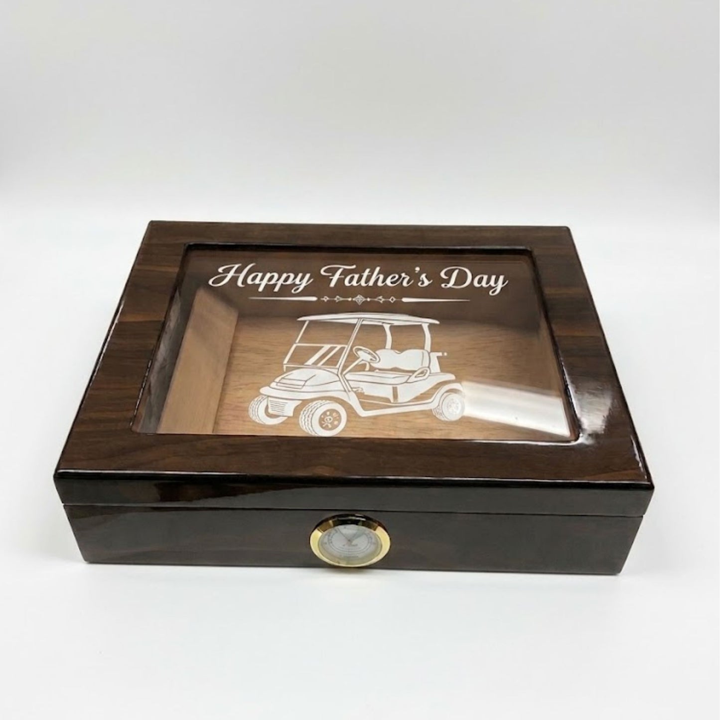 Humidor with 'Happy Father's Day' and golf cart engraved on glass top 