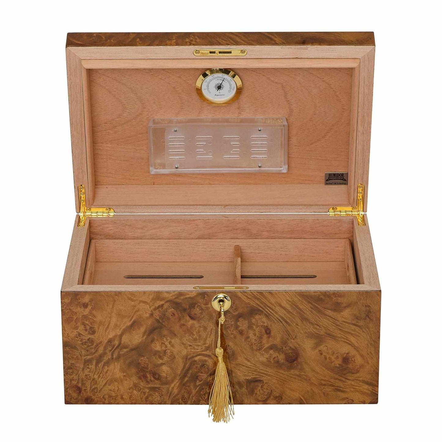 Wooden humidor with gold accents on a white background