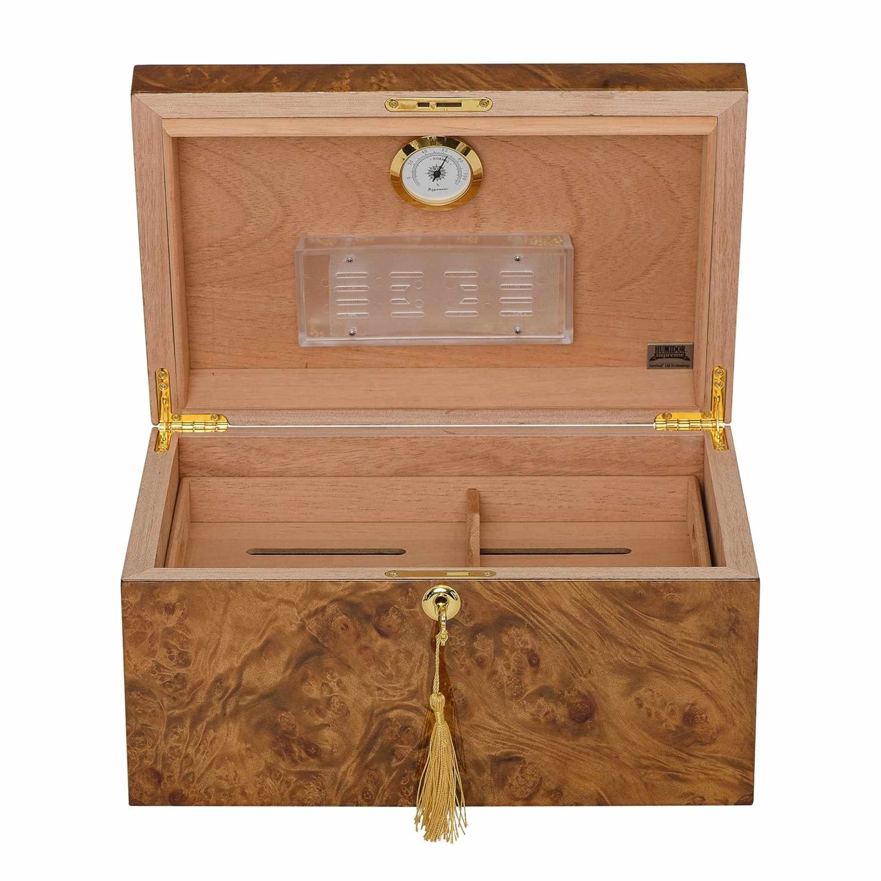 Wooden humidor with gold accents on a white background