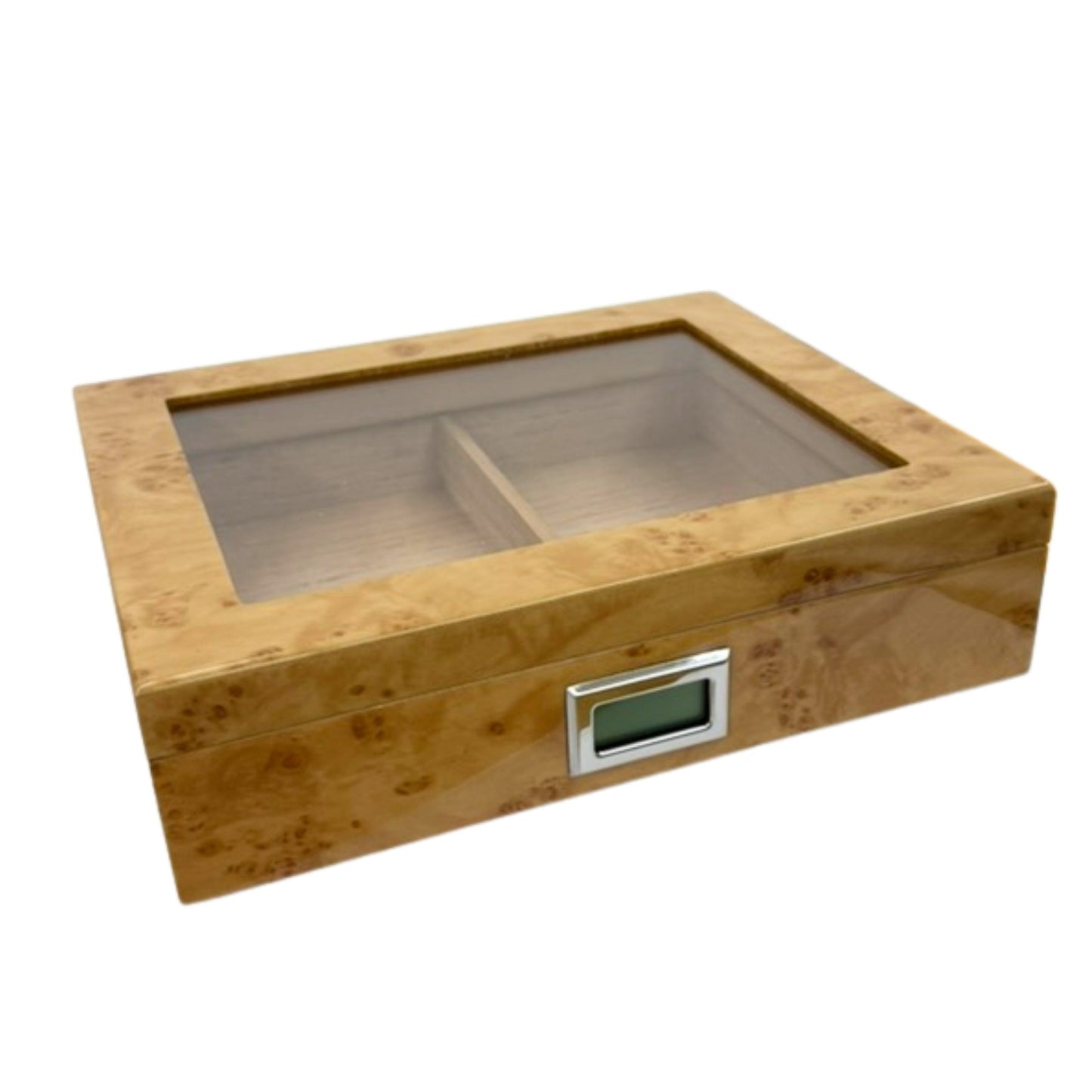 Cave à cigares avec finition laquée gravée et dessus en verre ~ Claro