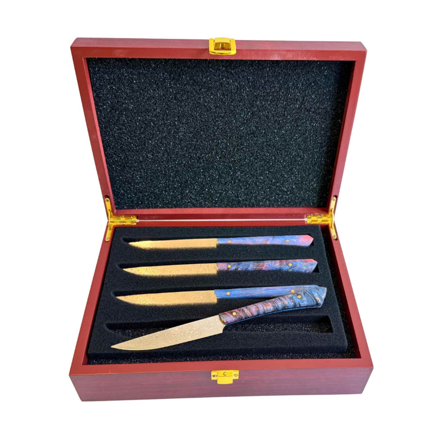 Juego de regalo de cuchillos para carne de acero de Damasco personalizados con mango de abulón
