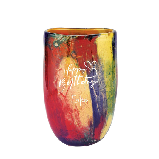 Colorful art glass vase with 'Happy Birthday Erika' engraved on the vase white background