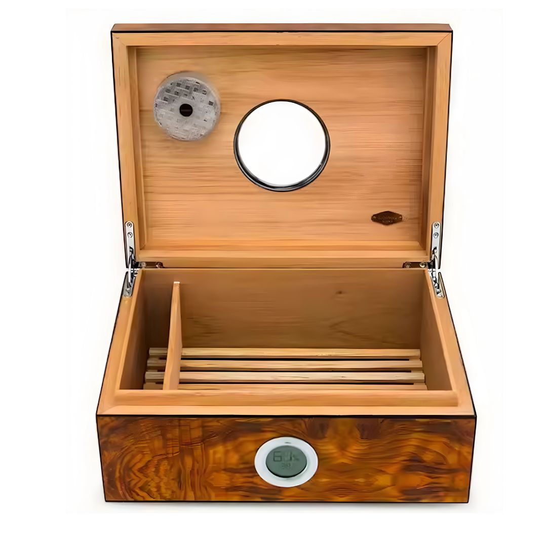 Golden Burlwood Finished Humidor with Circular Glass top ~ Remko - Personalized Engraved Gifts