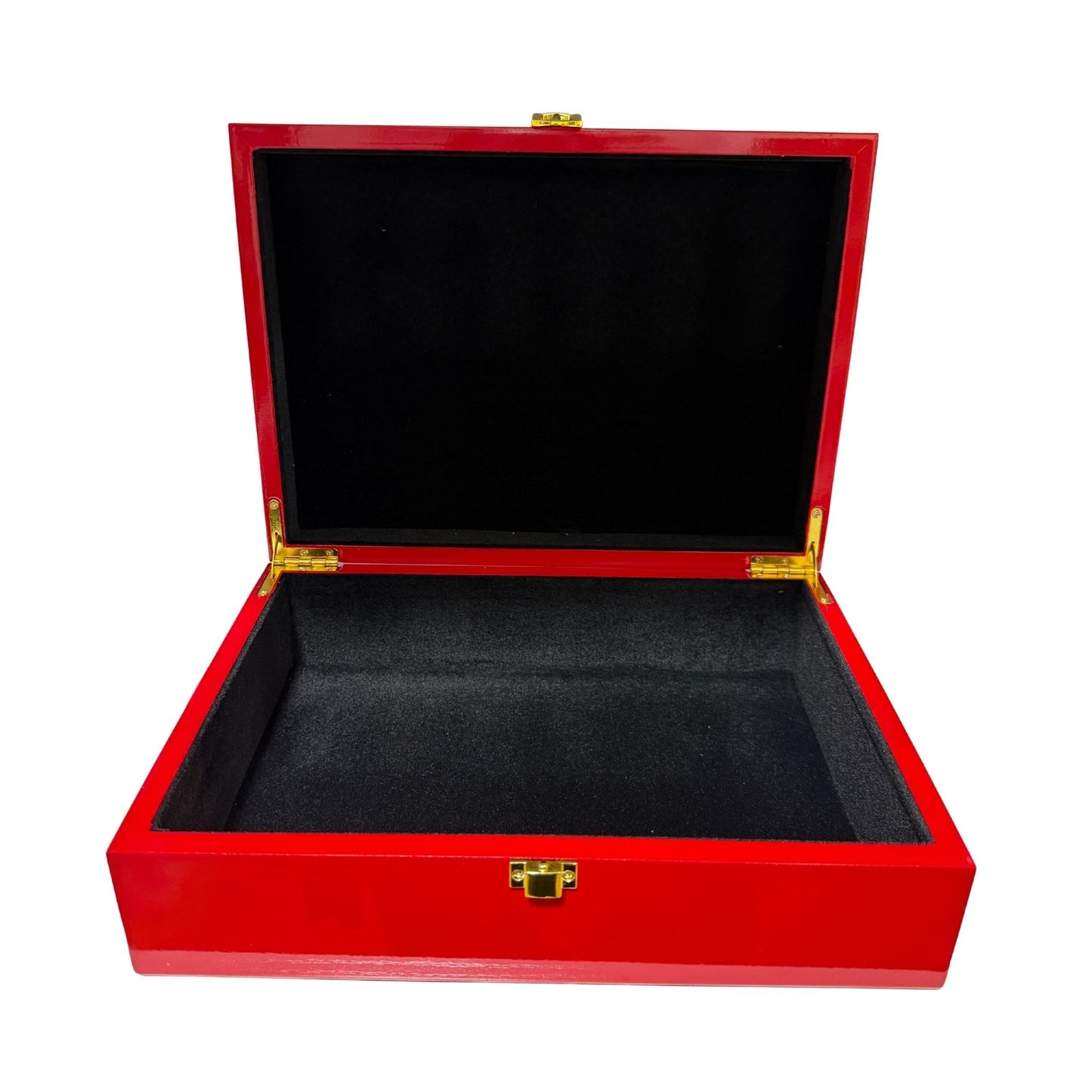 A red wooden presentation box with an open hinged lid, featuring a black velvet-lined interior and gold-tone metal latches.
