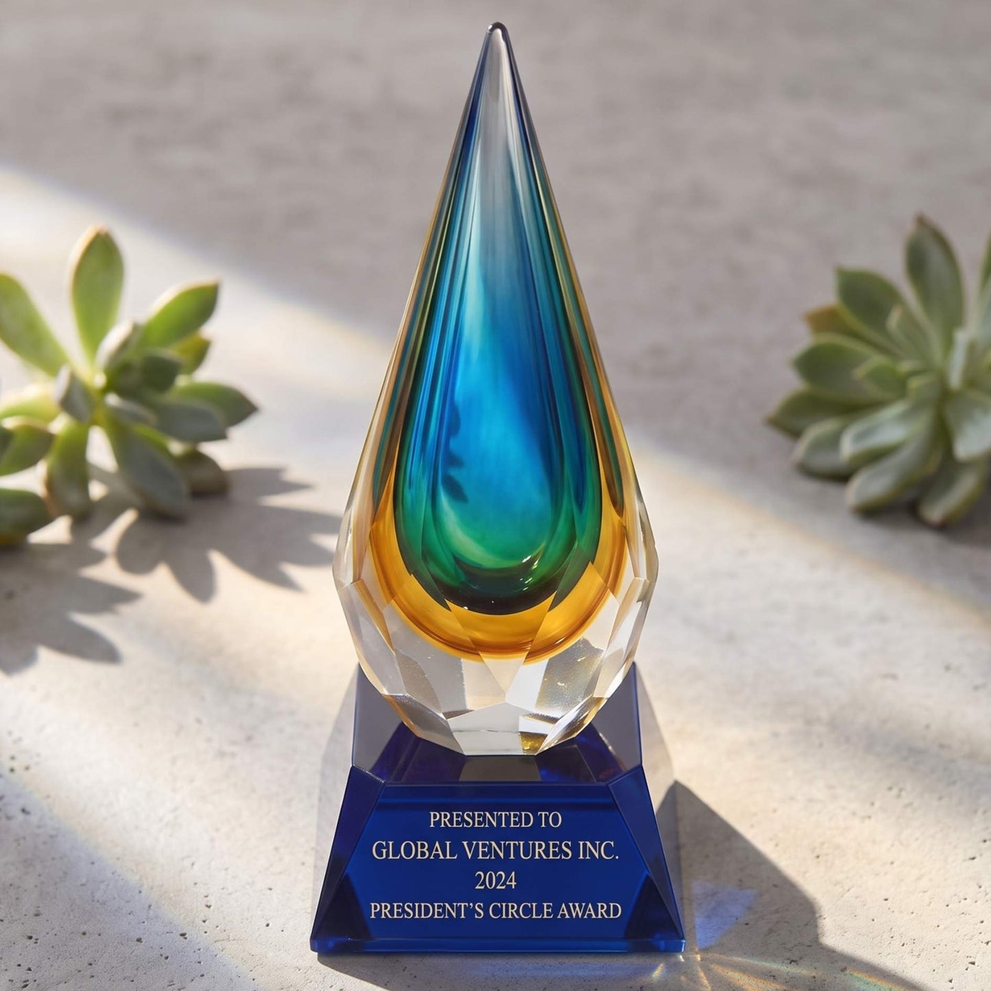 Crystal award with blue and green design on a textured surface with plants