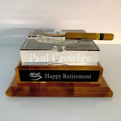 Chief Executive Massive 2 Inch Crystal Ashtray on Wooden Base ~ The Gran Corona Extra - Personalized Engraved Gifts