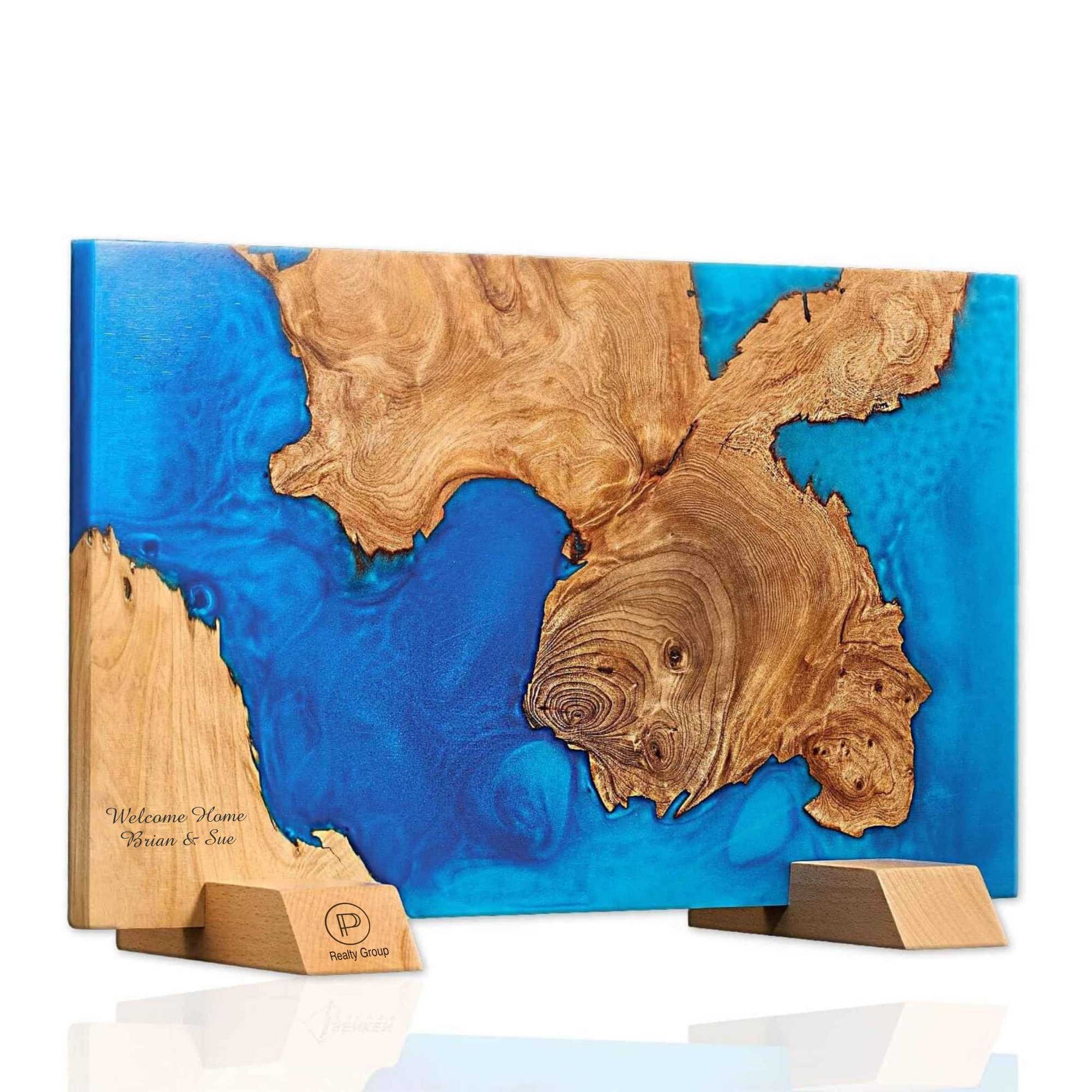 wooden cutting board with artistic blue inlay