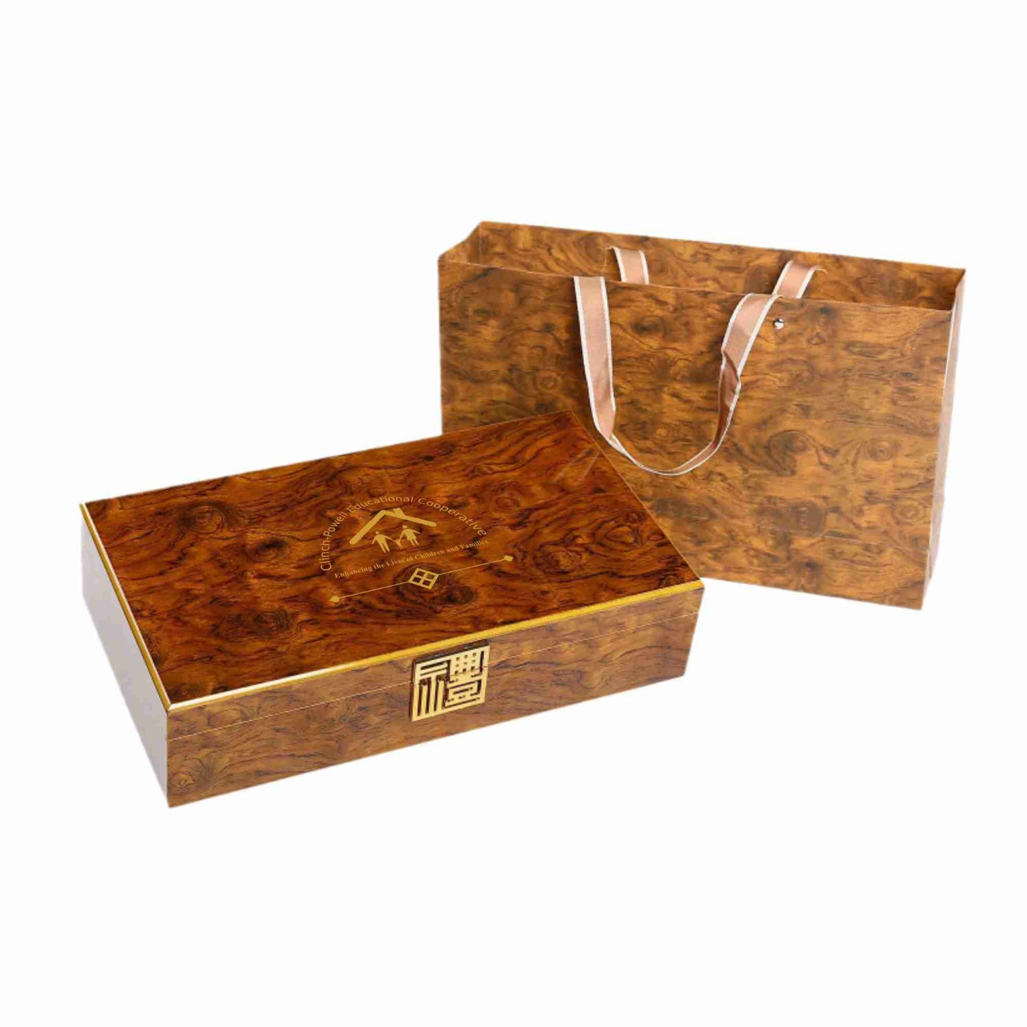 Wooden gift box with a matching bag on a white background and logo