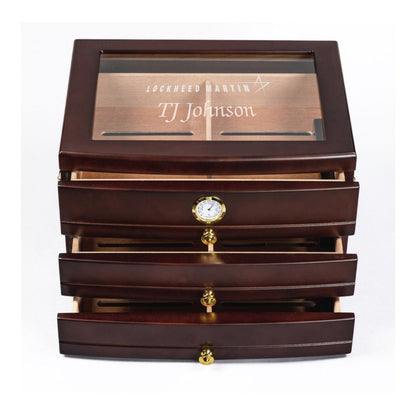 Personalized Mahogany Finish Humidor with Glass Top - Viceroy - Personalized Engraved Gifts