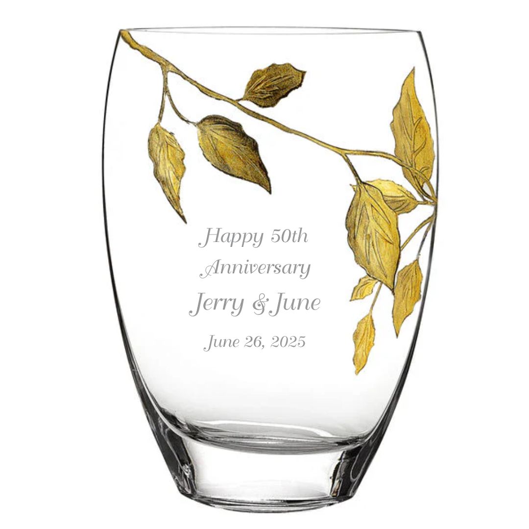 Personalized Crystal Vase with Gold Leaf Metallic Accents ~ Kimbell - Personalized Engraved Gifts