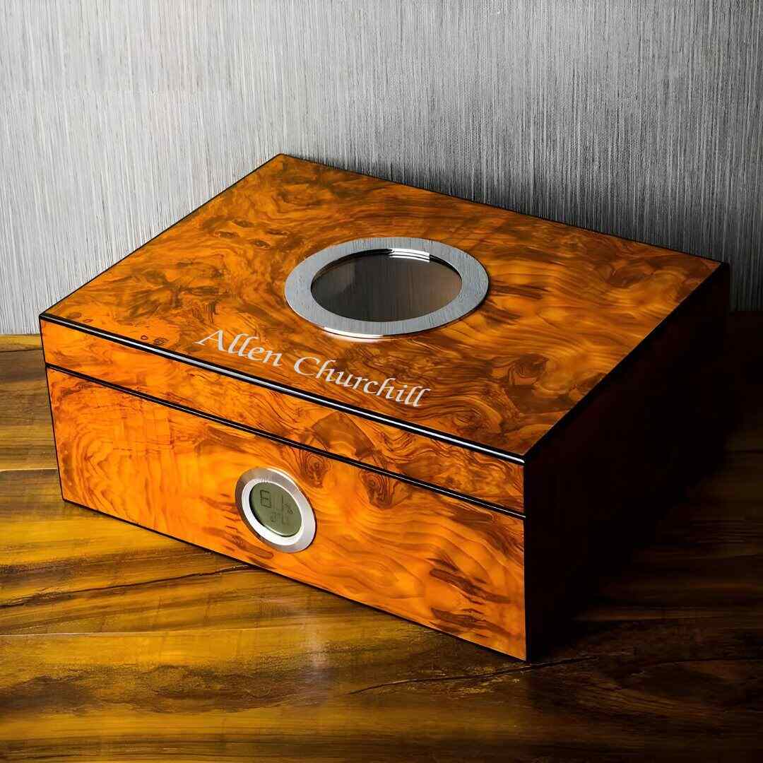 Golden Burlwood Finished Humidor with Circular Glass top ~ Remko - Personalized Engraved Gifts