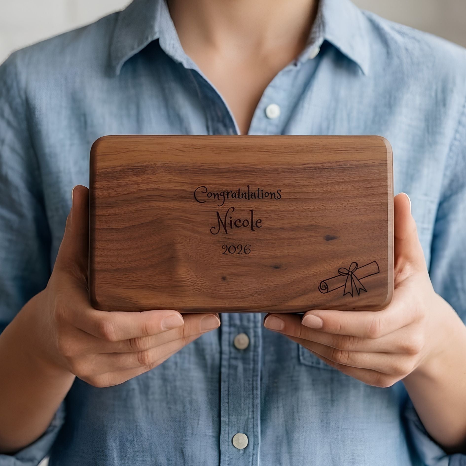 A person in a light blue denim shirt holds a rectangular wooden plaque engraved with 'Congratulations Nicole 2026' and a small diploma illustration.