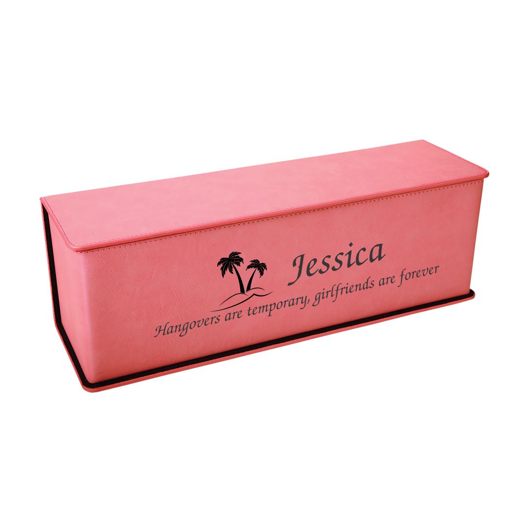 Personalized Wine Box with Wine Tools ~ Pink Leatherette - Personalized Engraved Gifts