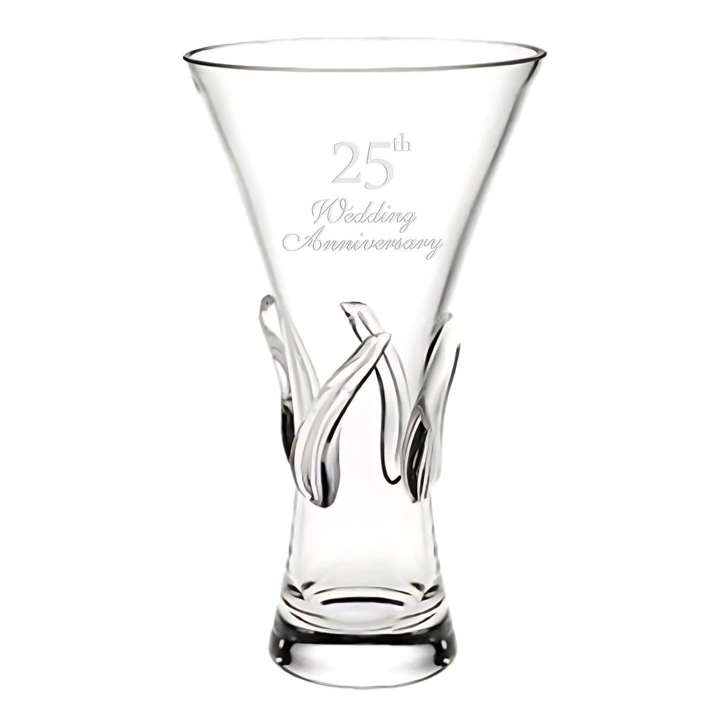 Clear glass vase with '25th Wedding Anniversary' engraving on a white background