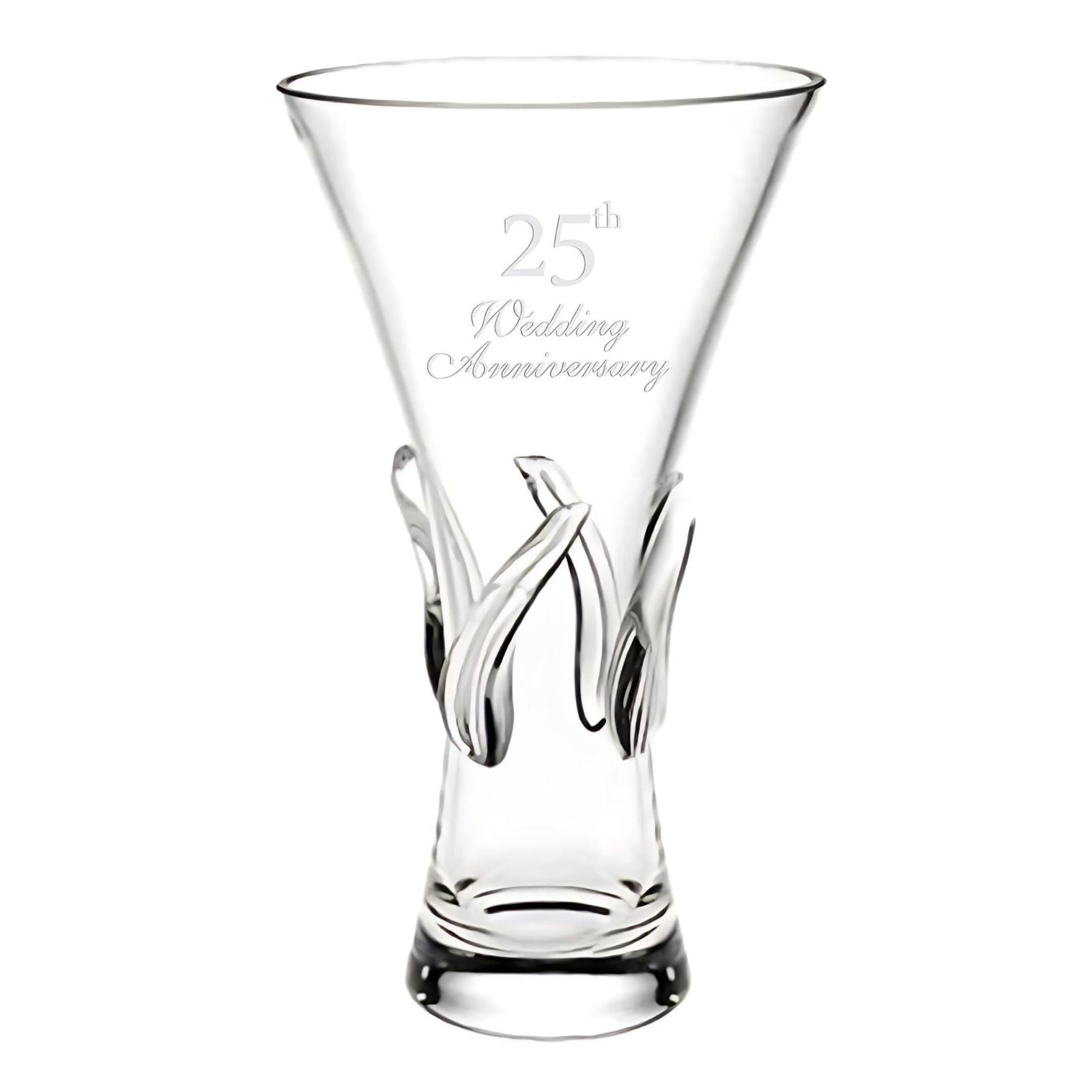 Clear glass vase with '25th Wedding Anniversary' engraving on a white background