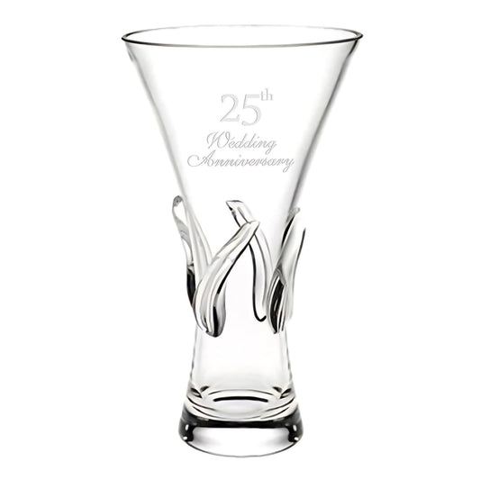 Clear glass vase with '25th Wedding Anniversary' engraving on a white background