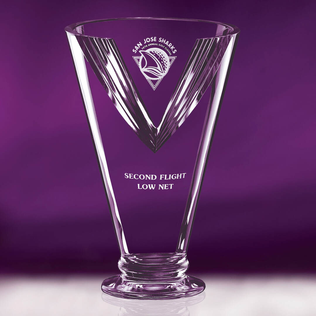 Unique Crystal Trophy Vase with Mitered Cut ~ Deep V - Personalized Engraved Gifts