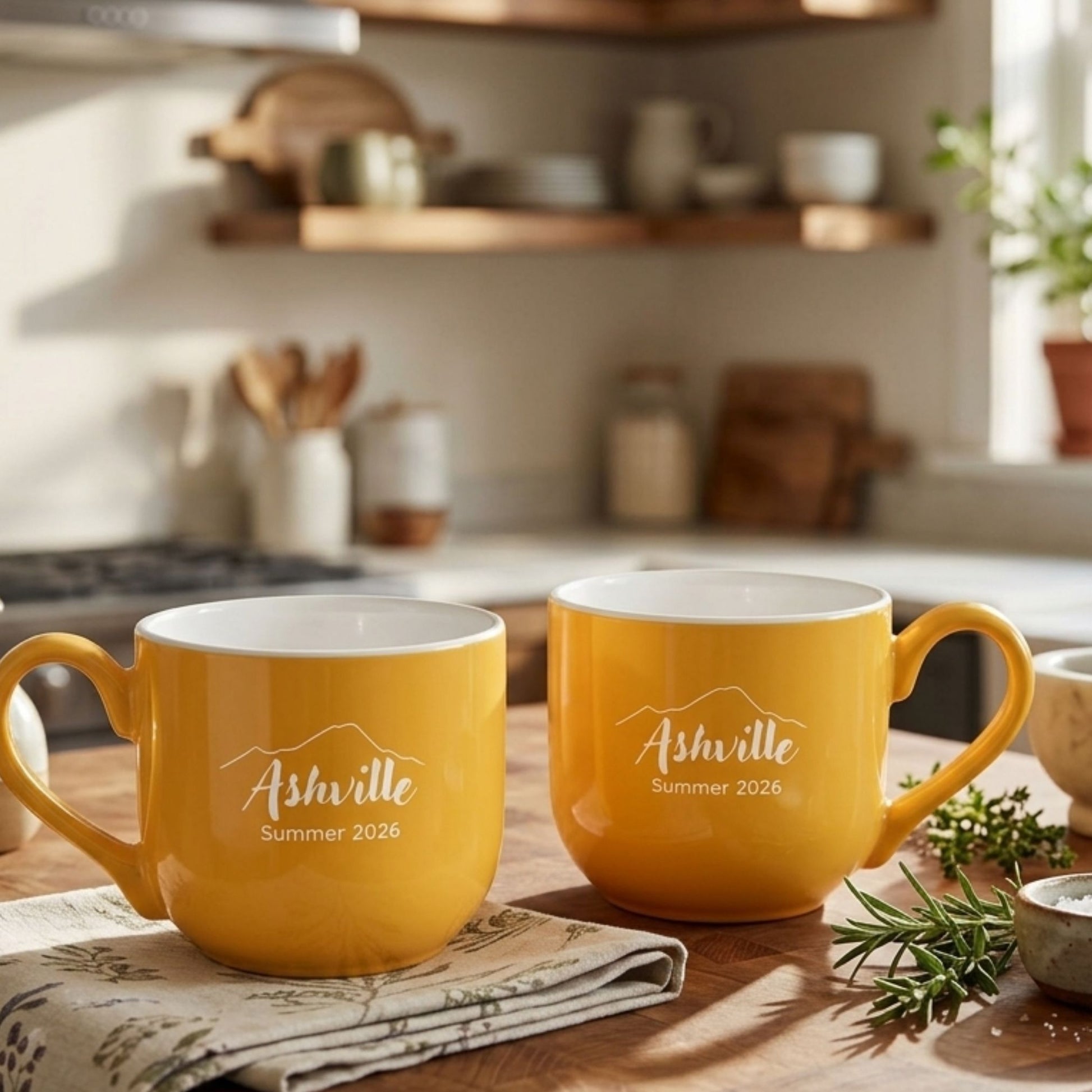 Two yellow ceramic mugs with white interiors and white printed text reading 'Ashville Summer 2026' sit on a wooden table in a softly blurred kitchen setting.