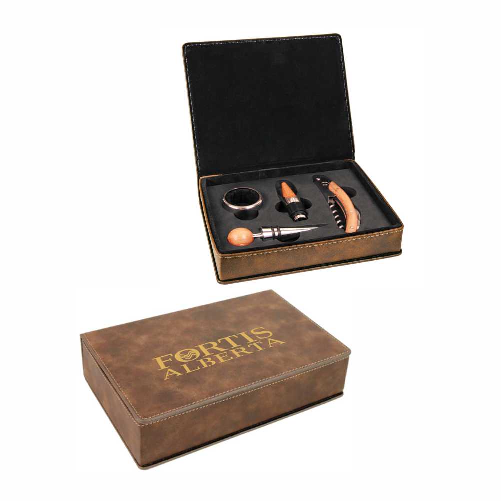 Personalized Rustic Leatherette Wine Opener & Stopper 4-Piece Gift Set - Personalized Engraved Gifts