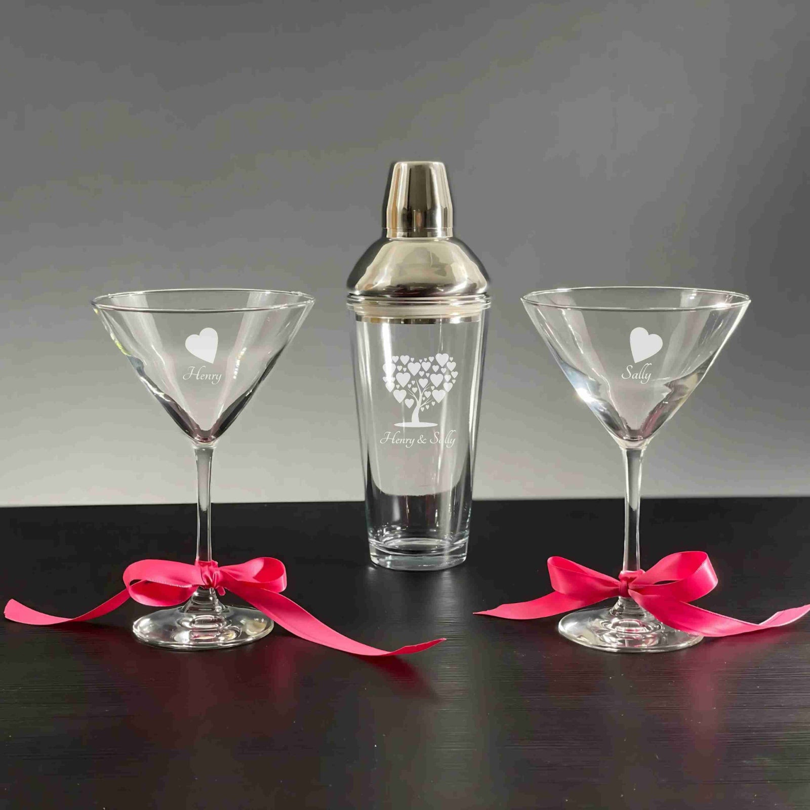 class engraved cocktail shaker and 2 stemmed glasses