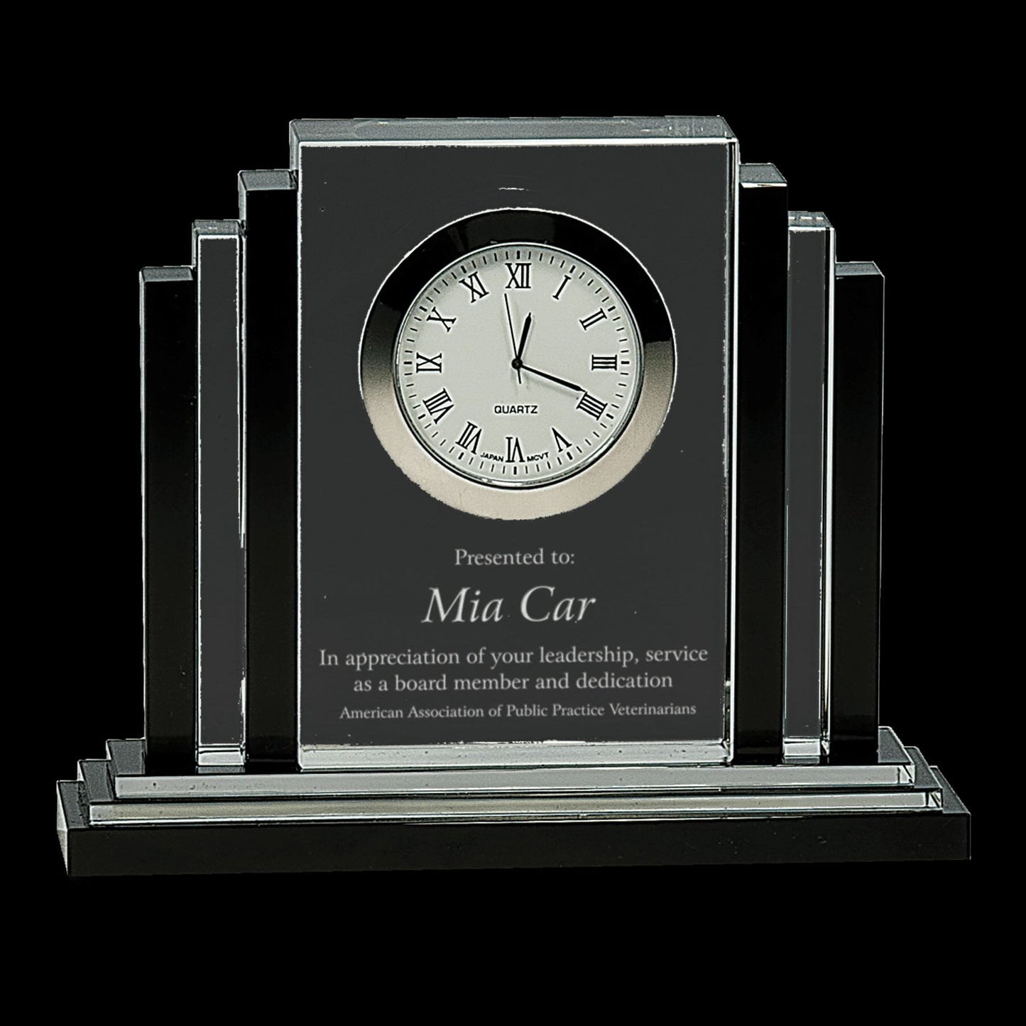 black crystal and clear crystal engraved desktop clock
