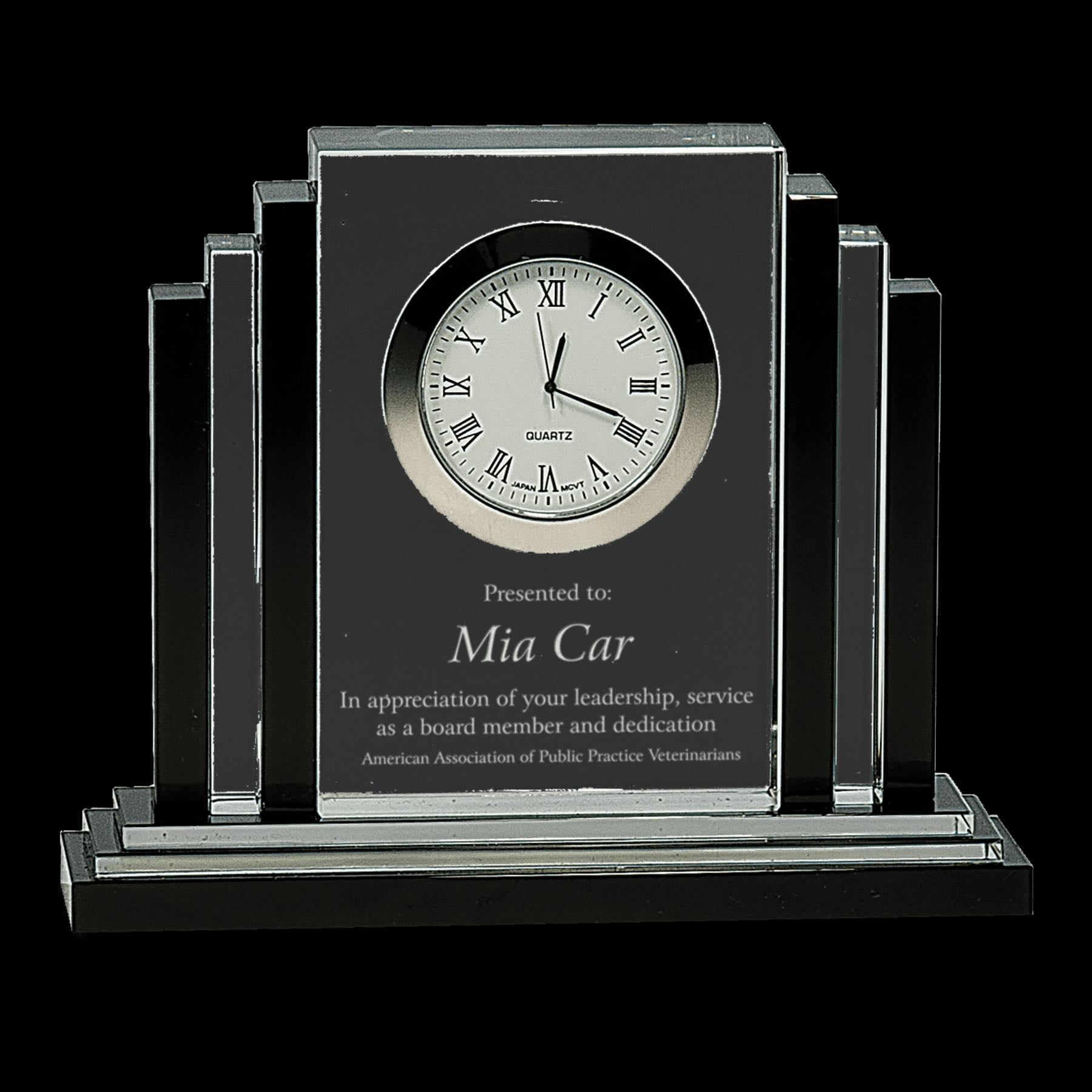 black crystal and clear crystal engraved desktop clock
