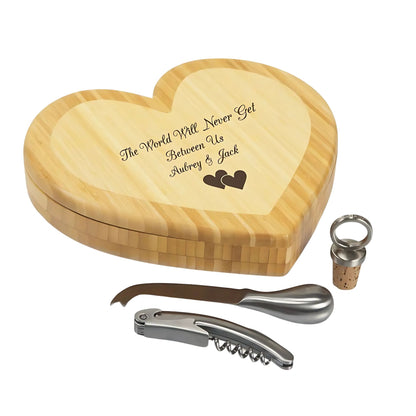 personalized heart shaped cheeseboard with tools